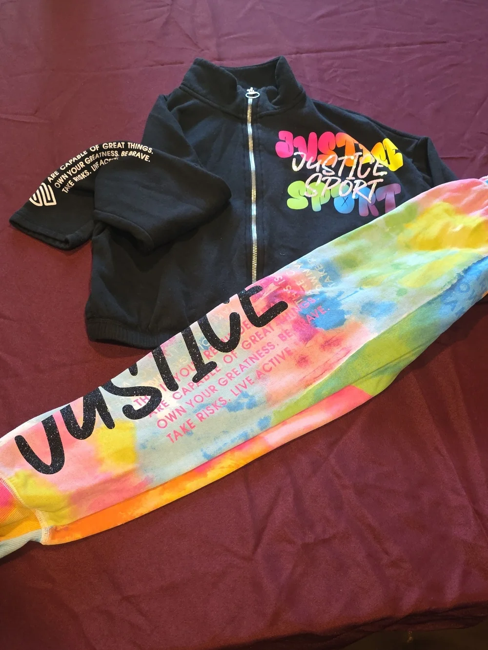 Justice Black Zip Jacket with Rainbow Tie-Dye Leggings